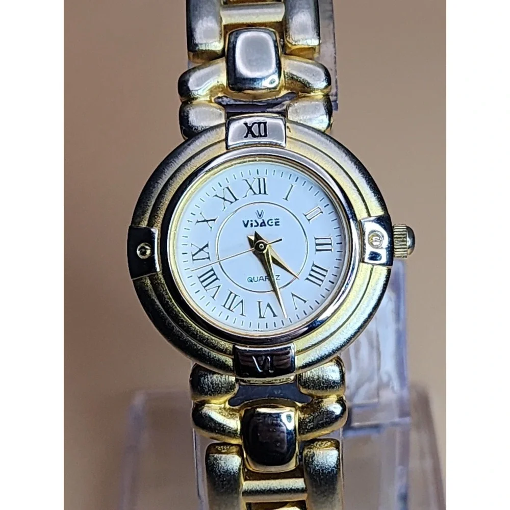 Vintage VISAGE Gold Tone & Brown Leather Watch New Battery FREE SHIPPING!!